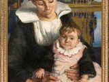 une peinture à l'huile représentant une femme tenant un enfant sur ses genoux