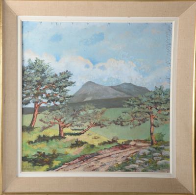 a painting of a landscape with trees and mountains in the background