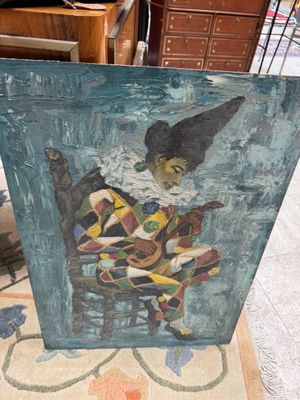 a painting of a woman sitting on a chair in a room