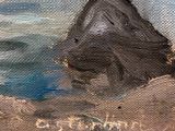 a painting of a shark in the water with a boat in the background