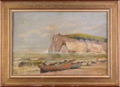 tableau représentant des bateaux sur la plage, avec des falaises en arrière-plan