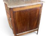 a wooden cabinet with a marble top on a white background