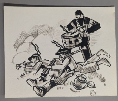 drawing of a man standing next to a motorcycle with a basket on the back of it