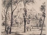 drawing of a view of a village with a church in the background