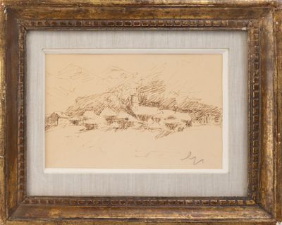 une image représentant un dessin de paysage dans un cadre doré