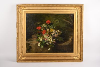 une peinture de fleurs dans un vase sur une table