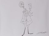 dessin de bande dessinée représentant une femme en manteau et chapeau, tenant un téléphone portable