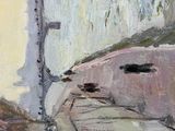 a painting of a boat on the water by the shore