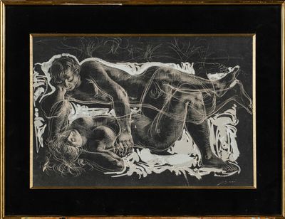 une image représentant un dessin en noir et blanc de deux nus
