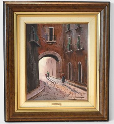 an oil painting of two people walking down a cobblestone street