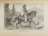 un dessin représentant un homme à cheval dans le désert