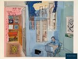 a drawing of a man sitting in a chair in a room