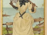 tableau représentant une femme en robe et chapeau, tenant une ombrelle