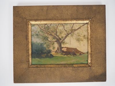 un vieux tableau représentant une scène de vie à la ferme, avec une vache et un arbre