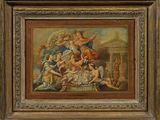 un vieux tableau représentant un groupe de personnes dans une pièce