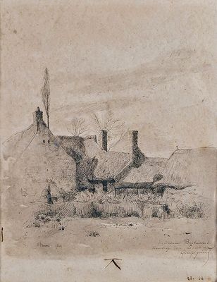 un vieux dessin représentant une maison avec une cheminée et une cheminée