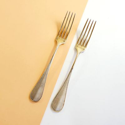 silverware on a yellow and white background with a fork and a knife