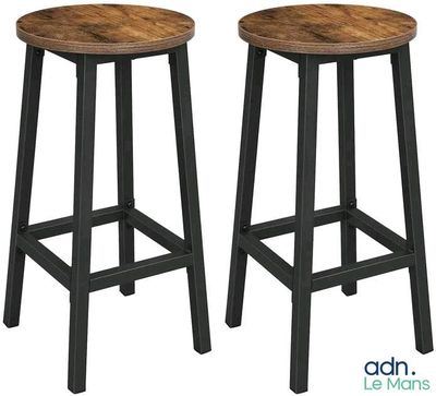 a pair of wooden stools with black legs on a white background
