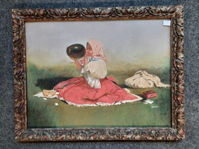 tableau représentant une femme en robe rouge assise sur une couverture