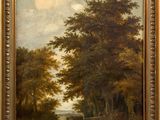 an oil painting of a wooded scene with a horse drawn carriage