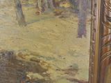 an image of a painting of a man and a dog in a wooded area