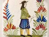 une image représentant une assiette sur laquelle figure le portrait d'une femme dans un jardin