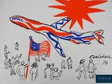 a drawing of a plane flying over a crowd of people