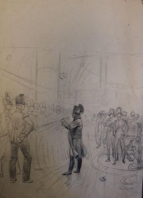 esquisses d'un dessin représentant un homme coiffé d'un haut-de-forme, debout devant une foule de personnes