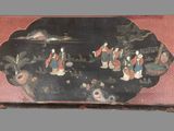 a painting of a group of people on a black and red background