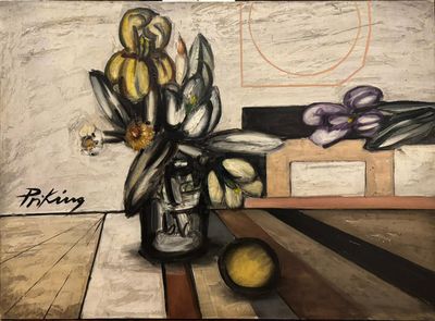 a painting of a vase of flowers and fruit on a table