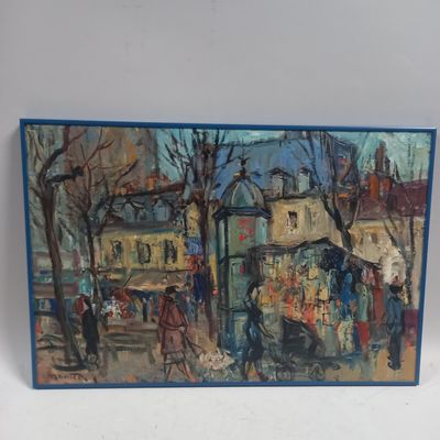 painting of a street scene with a horse drawn carriage in the foreground