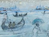 une peinture représentant des personnes sur un bateau dans l'eau