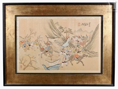 painting of a group of people riding on horses in a field