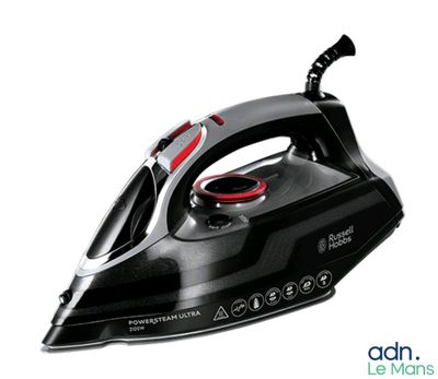 a black and red steam iron sitting on top of a white surface