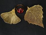 a close up of a pair of gold leaf earrings with a red bead