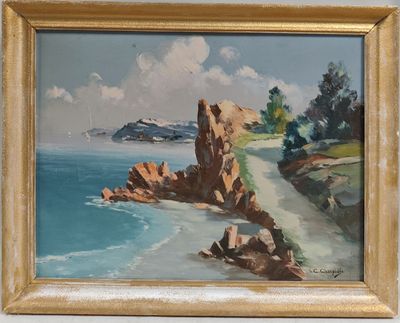 une peinture à l'huile représentant une scène de plage avec des rochers et un plan d'eau