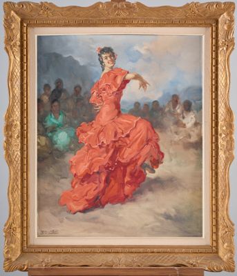 an oil painting of a woman in a red dress in front of a group of people
