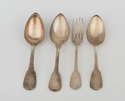 four silver spoons and a fork on a white surface