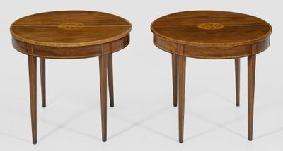 two small tables with wooden tops and legs on a white background