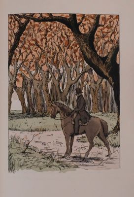 a drawing of a man riding a horse in a wooded area