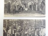 two old black and white photos of a group of people in the woods