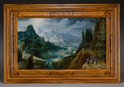 an image of a painting of a mountain landscape with a man and a dog