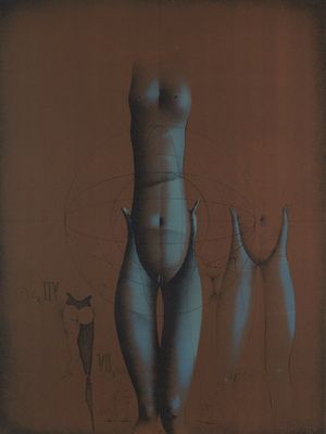 painting of a woman standing in front of a group of mannequins