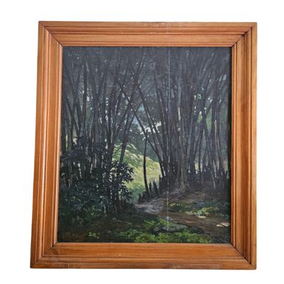 peinture à l'huile d'une scène de forêt avec un chemin au premier plan