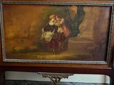 a picture of a painting of a couple kissing on a bench