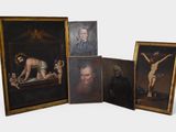 three framed paintings of a man on a crucif and a woman on a cross