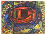 peinture abstraite représentant un bateau rouge sur une assiette bleue et verte