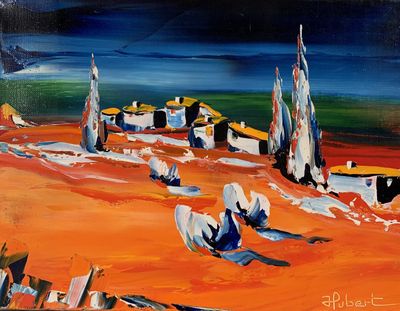 a painting of a beach scene with boats on the water