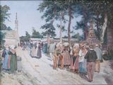 une peinture représentant un groupe de personnes marchant dans une rue