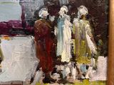 an oil painting of a group of people standing in front of a building